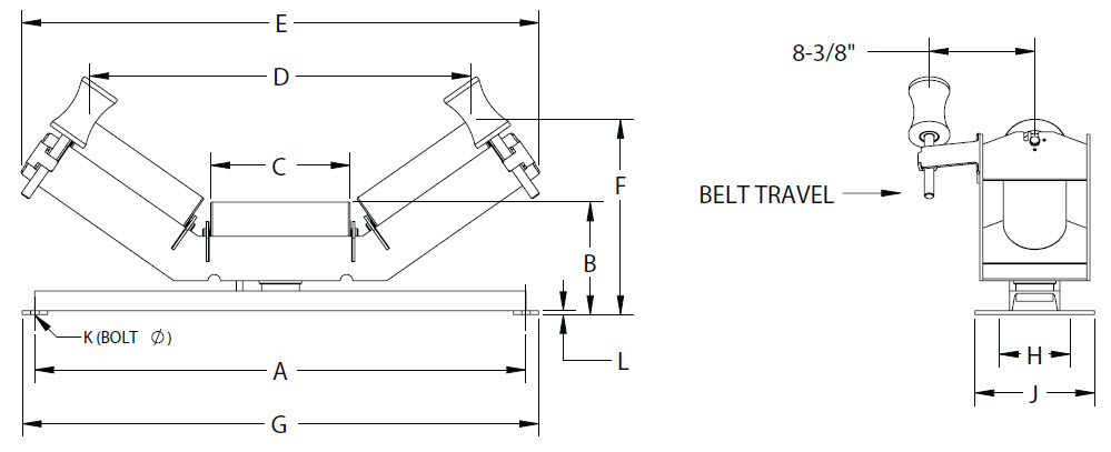 24 in Belt Width 5 in Roll Diameter 35° Angle CEMA D Rating Self-Aligner Equal Trougher Idler Complete Assembly 